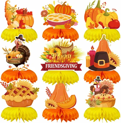 Vista 8 de Centro de mesa de Acción de Gracias, 9 piezas, decoración de mesa de otoño, calabaza, pavo, panal, Acción de Gracias, centro de mesa para decoración
