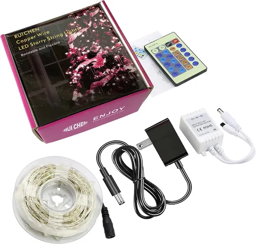 Vista 9 de RUICHEN Luces de hadas moradas regulables enchufables, 33 pies, 100 luces LED parpadeantes con control remoto, luces de alambre plateado