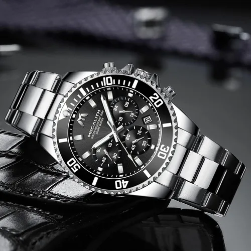 Vista 3 de MEGALITH Relojes para hombre, de acero inoxidable, resistente al agua, analógico, de cuarzo, moderno, de negocios, cronógrafo, con fecha automática
