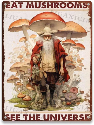 Vista 14 de Letrero retro de hojalata con texto en inglés "Eat Mushrooms See The Universe for Kitchen Bar Garage Decor 8.00"x12.00