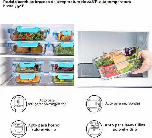 Vista 5 de Paquete de 10 recipientes de vidrio para almacenamiento de alimentos con tapas, recipientes reutilizables para preparación de comidas para el Azul