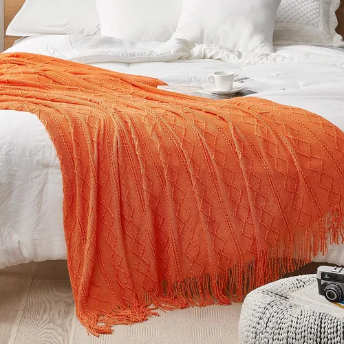Vista 3 de DREAMSUNSET Manta tejida de 50 x 60 pulgadas, para sofá, cama y decoración. Súper suave, cómoda y ligera. Patrón original con flecos de borla.