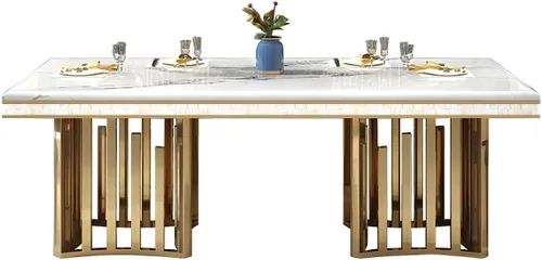Vista 2 de LAKIQ Mesa de comedor de mármol de estilo lujoso, mesa rectangular moderna para cocina, comedor, mesa de metal dorado, solo sin sillas