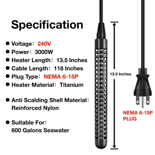 Vista 2 de GRILLME Calentador de agua de inmersión de titanio para bañera y piscina, enchufe NEMA 6-15P, calentador eléctrico portátil totalmente sumergible