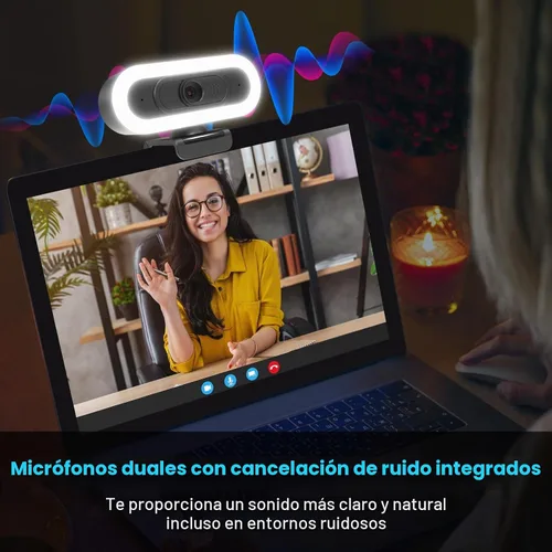Vista 5 de Cámara web de transmisión ToLuLu 2K 50FPS, cámara web LED RGB con micrófono y luz, cámara de computadora con enfoque automático con cubierta