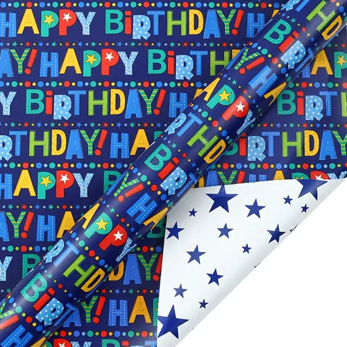 Vista 5 de AUCLAY Papel de regalo reversible de cumpleaños para niños, niñas, adultos, baby shower, vacaciones, diseño colorido de letras y estrellas de feliz