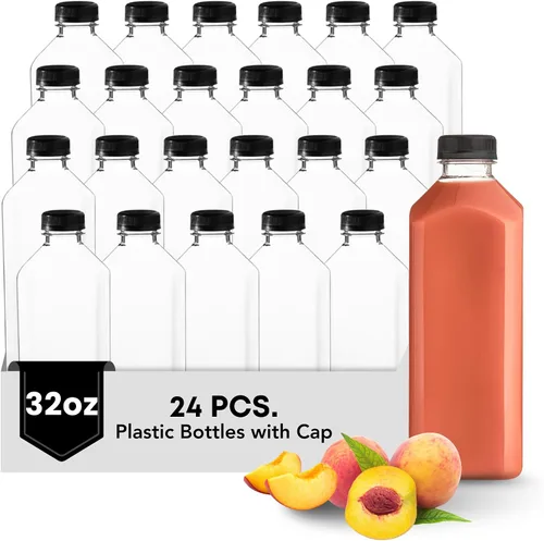 Vista 8 de Botellas de plástico Hammont con tapas - Botellas transparentes de PET para café helado y jugo, paquete de 24 - Botella reutilizable para jugos