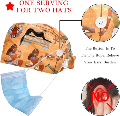 Vista 2 de Working Cap with Buttons Sweatband Ribbon Tie Back Bouffant Hats, Blue Bird Flower Leaves