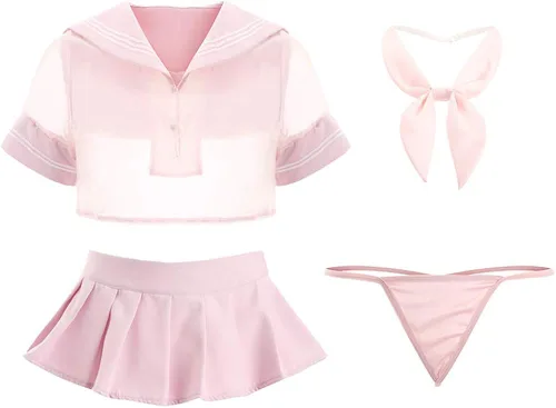 Vista 4 de JasmyGirls Lencería de cosplay de anime para mujer, traje de colegiala japonesa, disfraz de lolita de Halloween, camisa de uniforme de marinero