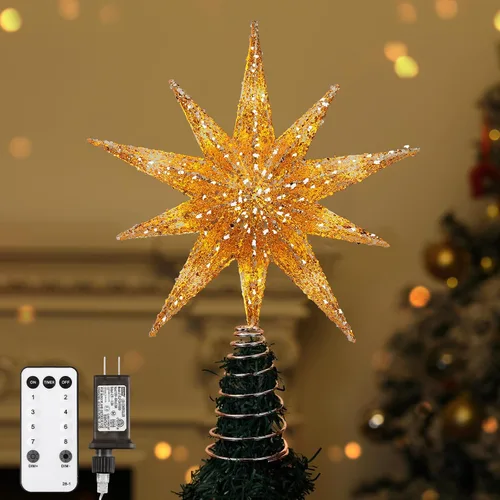 Vista 19 de Lewondr Decoración para árbol de Navidad, decoración de árbol de Navidad con forma de estrella en 3D con diseño de explosión de estrellas, control