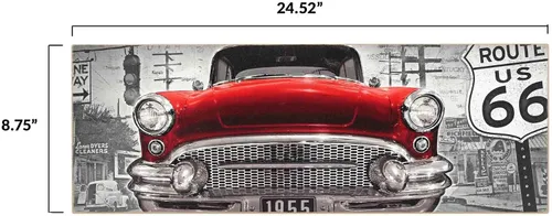 Vista 6 de Red Classic Car Route 66 Retro Wood Wall Decor – Arte de pared de coche clásico grande para hombre cueva, garaje o sala de estar Rojo