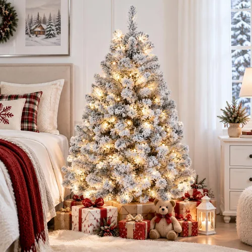 Vista 15 de Garvee 6 FT Prelit Pencil Christmas Tree, 100 Warm White LEDs, 578 Tips Snowy Pine Cones & Mixed Branches, Holiday Tree for Small Spaces