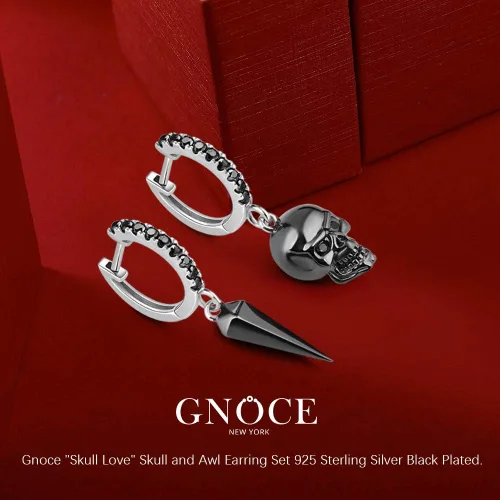 Vista 4 de Gnoce Juego de aretes de calavera y punzón de plata de ley chapada en negro Skull Love con circonita cúbica negra joyería de regalo para mujeres