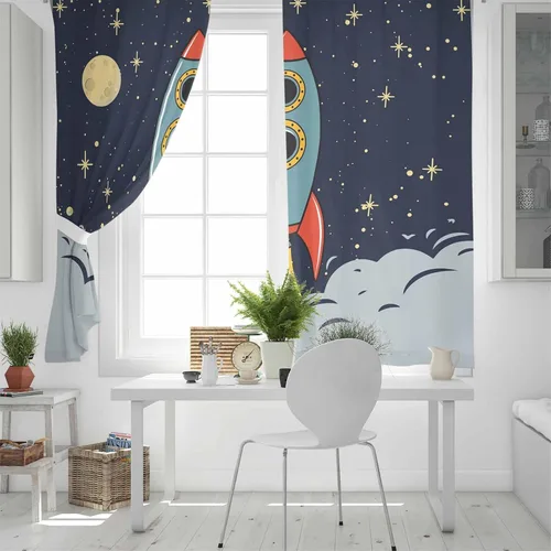 Vista 5 de Cortinas de 45 pulgadas de largo para sala de estar, dormitorio, oscurecimiento de la habitación, espacio exterior, exploración del espacio, cohete