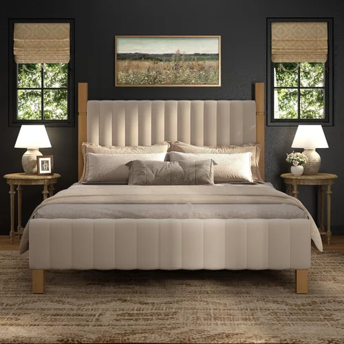 Vista 6 de Yechen Marco de cama de madera de tamaño matrimonial con cabecero, postes de madera maciza y plataforma de pies, no necesita somier, lino beige