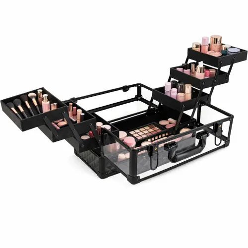 Vista 6 de Ver Beauty Estuche de tren de maquillaje de diamante negro con 6 bandejas de acordeón, organizador de cosméticos con cerradura