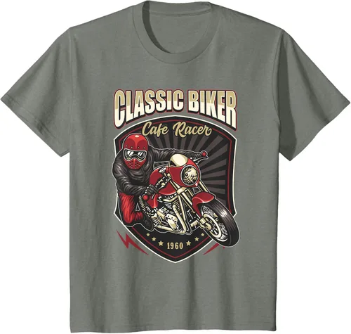 Vista 80 de Camiseta de motocicleta clásica Biker Cafe Racer para hombre, Negro, S