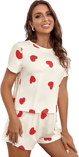 Vista 3 de SweatyRocks Conjunto de pijama para mujer con estampado de corazón, camiseta y pantalones cortos, ropa de dormir suave