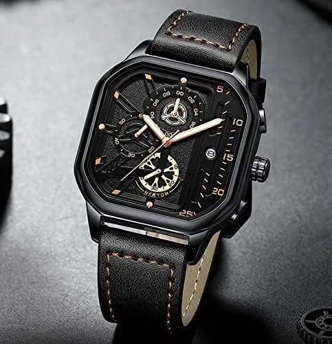 Vista 4 de putouzip Men Square Watch Analog Quartz Luminous Stainless Steel Leather Wristwatch Date Waterproof Chronograph