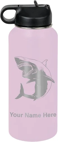 Vista 26 de LaserGram Botella de agua personalizada, gran tiburón blanco, acero inoxidable de doble pared aislada al vacío con popote superior, regalo grabado