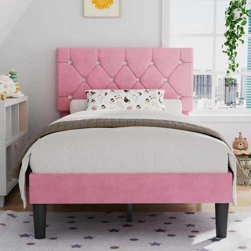 Vista 12 de VECELO Base de cama tamaño individual con plataforma tapizada con cabecera ajustable de botones de diamante, soporte de listones de madera,