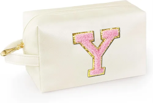 Vista 50 de Bolsa de maquillaje personalizada con inicial con asa, bolsa de cosméticos de preparación con bolsillo interior con cremallera, 8, 9, 10, 11, 12 Rosa