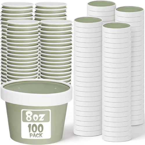 Vista 22 de Fulmoon Paquete de 100 recipientes de papel para sopa con tapas, recipientes de papel desechables para alimentos con tapa ventilada, tazas de postre