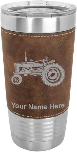 Vista 10 de LaserGram Vaso aislado al vacío de 20 onzas, Old Farm Tractor, grabado personalizado incluido (piel sintética, estilo béisbol) Engraved Gift, Faux