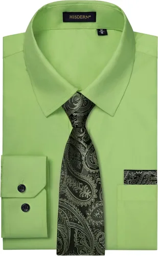 Vista 18 de HISDERN Mens Dress Shirt with Tie Pocket Square Set Classic Button Down Shirt Matching Tie Long Sleeve Shirts 08-verde
