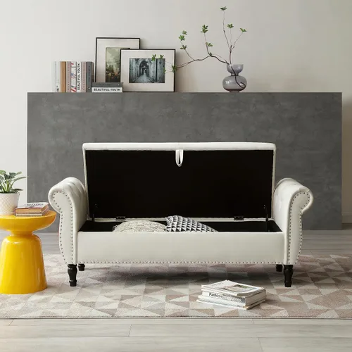 Vista 2 de Banco de almacenamiento rectangular de terciopelo de 63 pulgadas, taburete otomano, con botones copetudos, bancos de ventana con ribete de cabeza