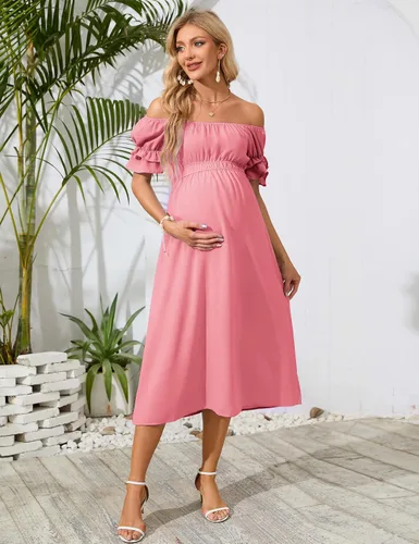 Vista 3 de KOJOOIN Vestido de maternidad de manga corta con hombros descubiertos para mujer, vestido de verano casual con volantes, vestido midi fluido