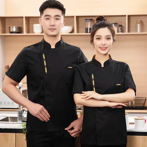 Vista 3 de Mujeres Hombres Chef Uniformes Manga Corta Chef Ropa Botón Chef Abrigos Ropa para Restaurante Hotel Hogar