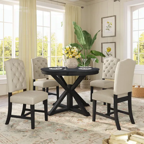 Vista 5 de Harper & Bright Designs TREXM - Juego de mesa de comedor de estilo retro funcional con mesa extensible y 4 sillas tapizadas para comedor y sala