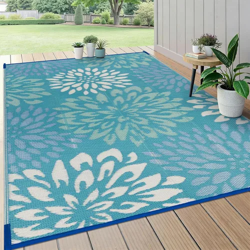 Vista 16 de HEBE Alfombra impermeable para exteriores de 5 x 8 pies para patios, alfombra de paja de plástico reversible floral, alfombra de patio, alfombra