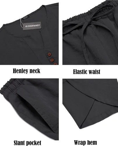Vista 5 de COOFANDY Conjunto de 2 piezas de lino para hombre camisa Henley de manga corta y pantalones capri harén de pierna ancha pantalones de yoga