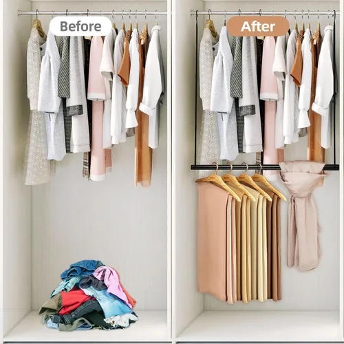 Vista 5 de Storage Maniac Barra Colgante para Armario, Organizador Colgante para Ropa con Ancho y Altura Ajustables, Barra para Colgar Ropa que Ahorra Espacio