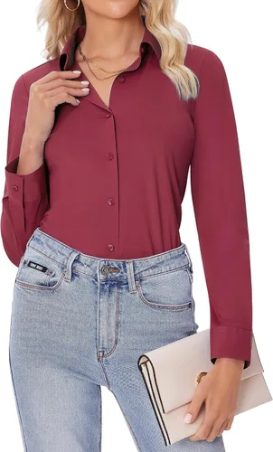 Vista 24 de siliteelon Camisas con botones para mujer, ajustadas, de manga larga, elásticas, de vestir, camisas de trabajo, sin arrugas, blusas de oficina