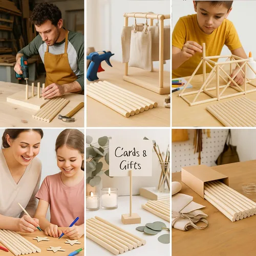 Vista 5 de Juego de 50 varillas de madera de abedul para manualidades, 24 pulgadas de largo, varios tamaños para proyectos de bricolaje, manualidades de madera