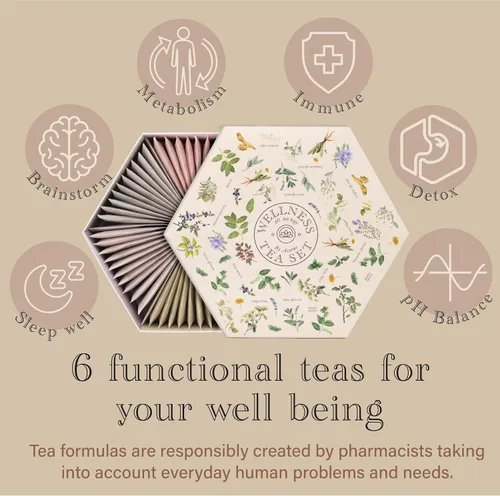 Vista 2 de ACORUS Juego de té Wellness - Paquete variado de té de hierbas naturales, juego de regalo de 6 tés diferentes, 60 bolsas envueltas individualmente