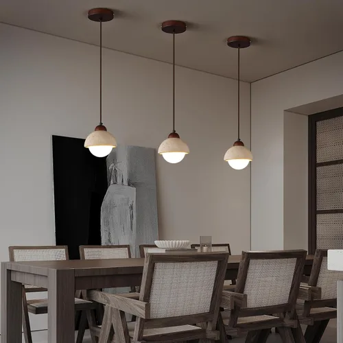 Vista 3 de Wabi Sabi - Lámpara colgante de piedra natural nórdica para isla de cocina, lámpara de suspensión de madera para comedor, mesita de noche, entrada