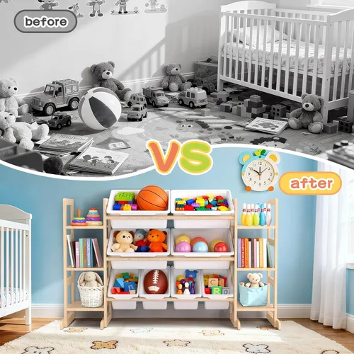 Vista 3 de Fuilee Organizador de almacenamiento de juguetes de madera para niños, organizador de juguetes de varios niveles con contenedores y estantes