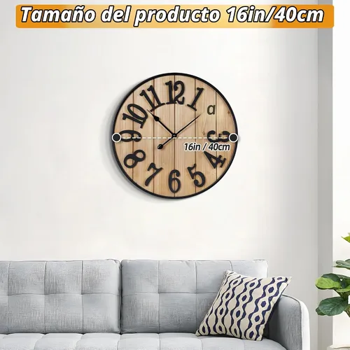 Vista 3 de Reloj de pared grande de 16 pulgadas, reloj de pared silencioso de metal estilo madera, funciona con pilas para decoración de sala de estar, reloj