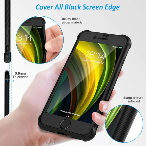 Vista 6 de ORETech Funda diseñada para iPhone 13 Mini con 2 protectores de pantalla de vidrio templado, textura de fibra de carbono policarbonato duro