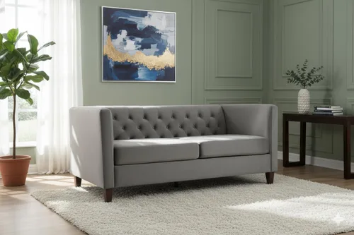 Vista 18 de Container Furniture Direct Muebles clásicos con capitoné y modernos para sala de estar, sofá universitario con relleno, cómodo sofá biplaza de Gris