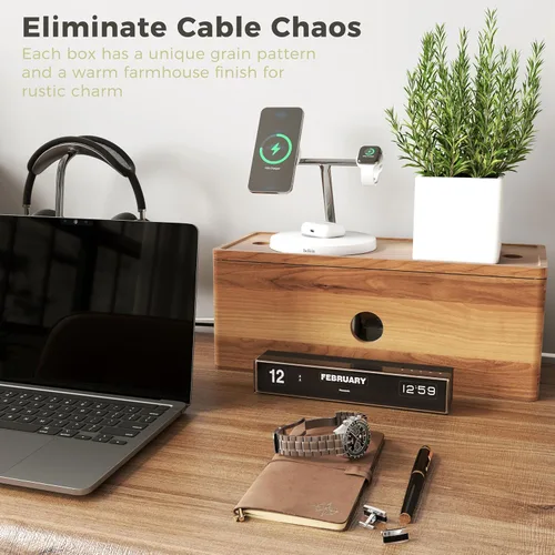 Vista 5 de Caja grande de madera de acacia para cables de alimentación, corrector de cable de perfil bajo para cables de piso y cables de extensión, protector