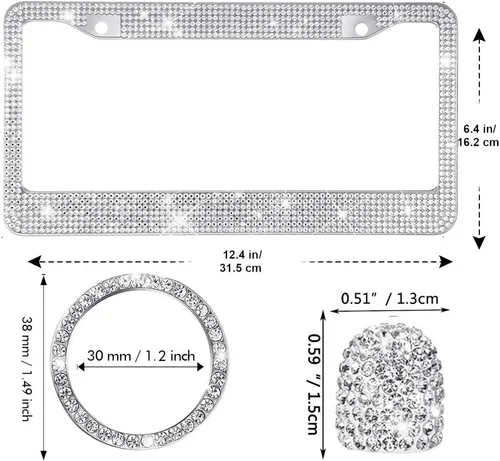 Vista 2 de Juego de 6 accesorios de cristal brillante para automóvil, incluye marco de matrícula, emblema de anillo, tapas de vástago de válvula, tapas
