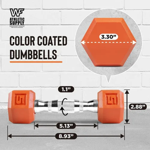 Vista 2 de WF Athletic Supply Mancuernas hexagonales con revestimiento de goma Black & COLOR con mango cromado contorneado, entrenamiento de cuerpo completo