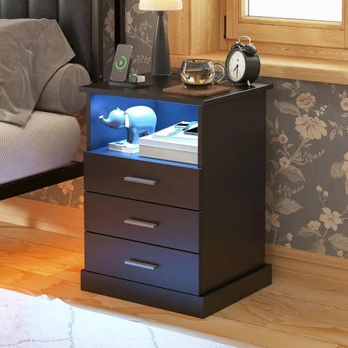 Vista 2 de Juego de 2 mesitas de noche negras con estación de carga, luces LED, mesa auxiliar con 3 cajones, mesa auxiliar moderna con tiras USB