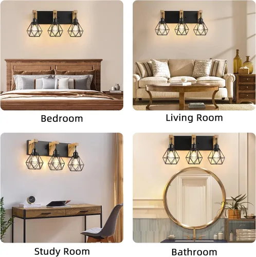Vista 11 de VbiTmn Lámparas de baño de granja, 3 luces de tocador de baño, accesorios de iluminación rústica sobre el espejo, apliques de pared con elegante
