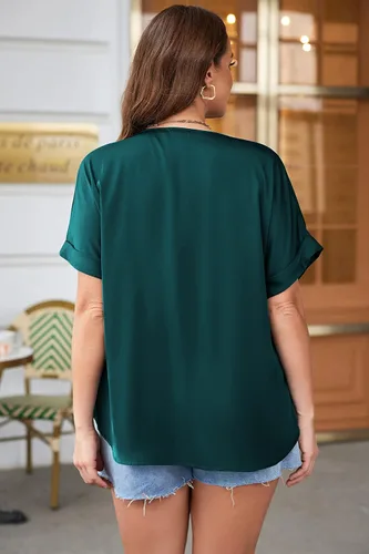 Vista 5 de IN'VOLAND Blusa de manga corta con volantes y cuello en V para mujer, de talla grande, para trabajo, negocios, casual